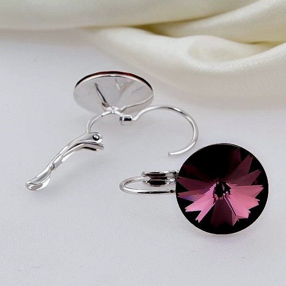 Deep Plum Austrian Crystal Lever Back Earrings - Picture 4 of 8